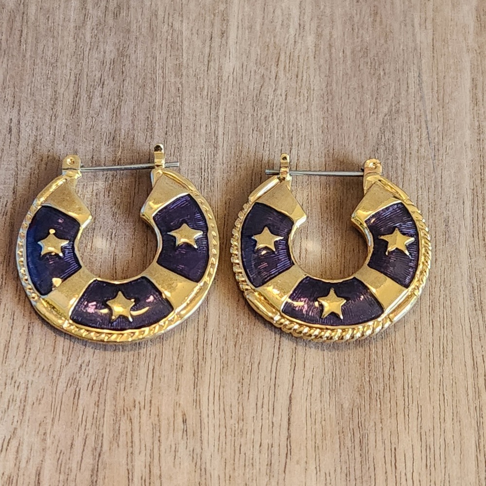 Vintage Style Gold Navy Enamel Star Celestial Hoop Earrings Latch Back 1 Inch